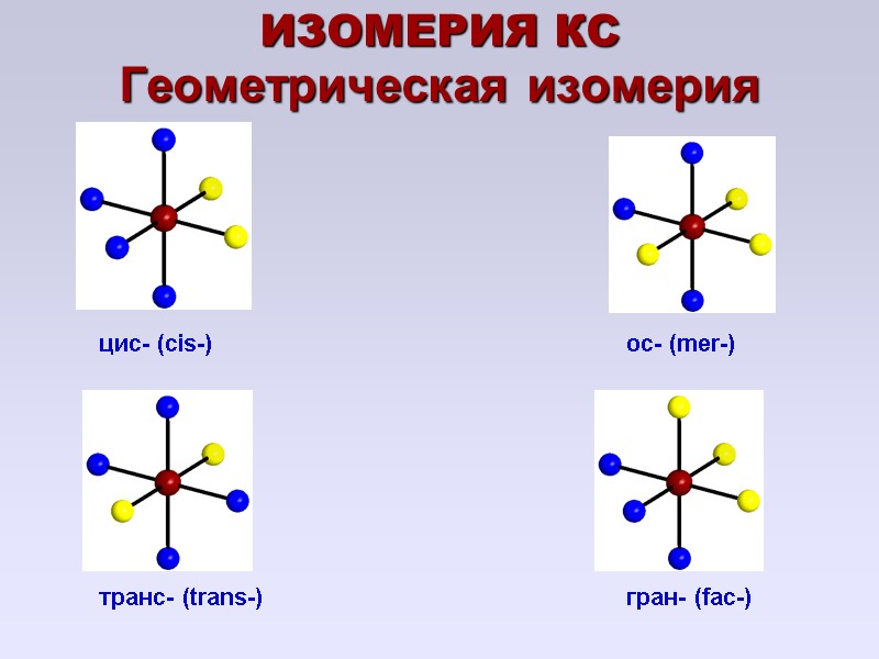 Геометрическая изомерия цис- (cis-)     ос- (mer-) транс- (trans-)  